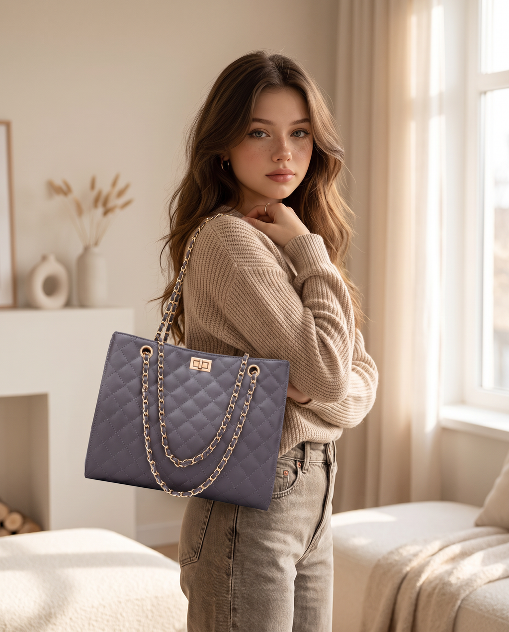 Modelo con bolso gris Quiet Luxury