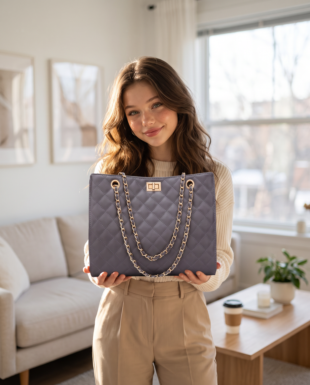 Bolso gris acolchado con cadena dorada